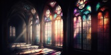 Sunlight Shines Through High Stained Glass Windows In Church. Superlative Generative AI Image.