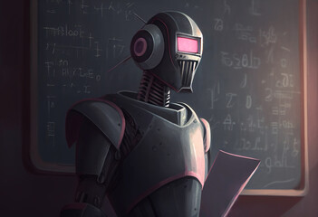 Humanoid education robot teacher in front of a school classroom chalkboard teaching pupils about  mathematics and artificial intelligence technology, computer Generative AI stock illustration image