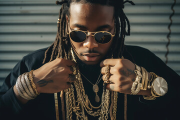 Rapper wearing golden jewelry. AI