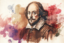 William Shakespeare Watercolour Painting Of The Famous English Elizabethan Playwright And Bard From Stratford Upon Avon Born In The 16th Century, Computer Generative AI Stock Illustration Image