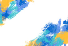 油絵抽象背景。対角線上にカラフルな筆跡があるアートテンプレート。青と黄色と緑