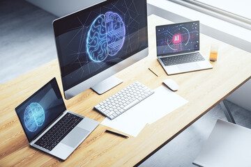 Poster - Modern computer display with creative human brain microcircuit. Future technology and AI concept. 3D Rendering