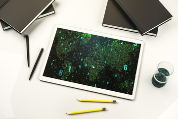 Poster - Top view of modern digital tablet monitor with abstract programming language hologram and world map, artificial intelligence and neural networks concept. 3D Rendering