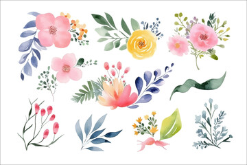 Sticker - Watercolor floral bouquet illustration set - blush pink blue yellow flower green leaf. Generative AI