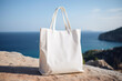 Blank Eco Cotton Tote Bag with Sea Background. White Shopper Mock-up. Summer Vacation. Generative AI.