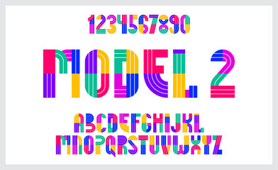 Poster - Children colorful geometric font vector alphabet, kid play game typeset, original letters can be used for logo creation, uppercase and numbers.