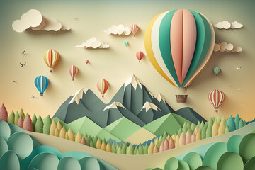 hot air balloon over the mountains, paper craft art or origami style for baby nursery, children desi