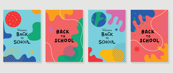 Welcome back to school cover background vector set. Cute childhood illustration with globe, coral organic, star, circle, line art. Back to school collection for prints, education, banner.