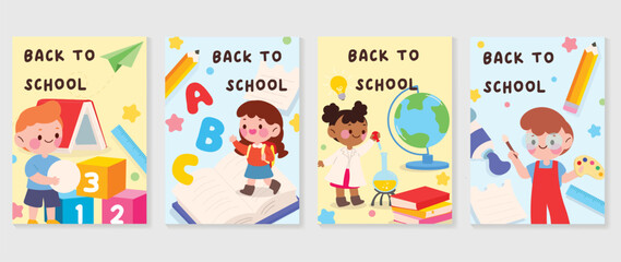 Welcome back to school cover background vector set. Cute childhood illustration with student, book, lab tube, globe, ruler, color plate, pen. Back to school collection for prints, education, banner.