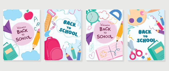 Welcome back to school cover background vector set. Cute childhood illustration with globe, rocket, scissor, clock, color plate, sharpener. Back to school collection for prints, education, banner.