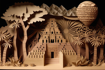 chichen itza papercut craft art. 3d papercut paper art craft color background wallpaper. generative 