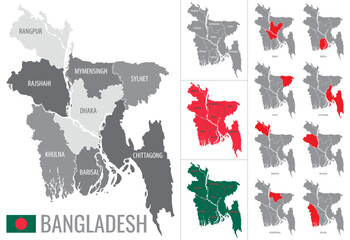 Wall Mural - Detailed vector map of regions of Bangladesh with flag