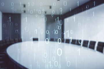 Aufkleber - Abstract virtual binary code illustration on a modern conference room background. Big data and coding concept. Multiexposure