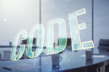 Poster - Code word hologram on a modern coworking room background, international software development concept. Multiexposure