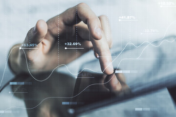 Poster - Multi exposure of abstract graphic data spreadsheet sketch and hand working with a digital tablet on background, analytics and analysis concept