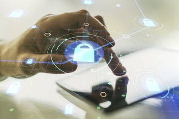 Fototapete - Creative lock sketch with chip hologram and hand working with a digital tablet on background, protection of personal data concept. Multiexposure