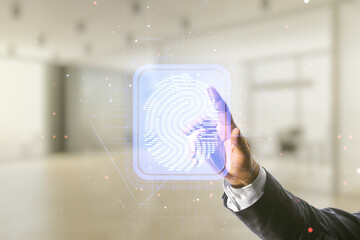 Aufkleber - Multi exposure of developer's hand clicks on virtual graphic fingerprint sketch on blurred office background, fingerprint scan data concept