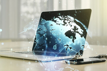 Aufkleber - Multi exposure of abstract software development hologram with world map on laptop background, global research and analytics concept