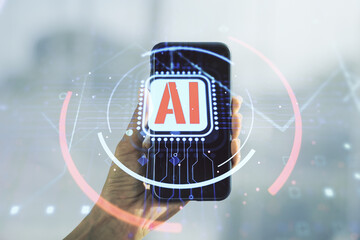 Poster - Double exposure of creative artificial Intelligence abbreviation and hand with cellphone on background. Future technology and AI concept