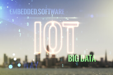 Aufkleber - Abstract virtual IOT hologram on blurry skyline background. Multiexposure