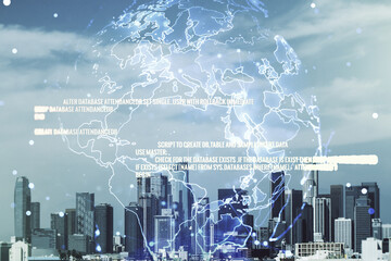 Poster - Abstract virtual coding concept and world map hologram on Los Angeles skyline background. Multiexposure