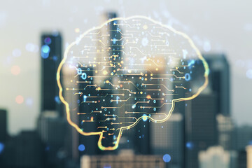 Poster - Double exposure of creative human brain microcircuit hologram on blurry office buildings background. Future technology and AI concept
