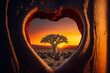 Leinwandbild Motiv Behold the majestic and ancient baobab tree with its heart-shaped opening amidst its trunk and a vast savanna bathed in a warm, timeless sunset in the background. Generative AI