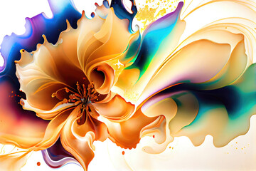Aufkleber - Blue and orange abstract ink floral painting with flower on white background, watercolor, ai generation
