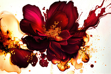 Poster - Red flower and ink splashes white background, watercolor, ai generation