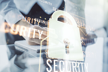 Aufkleber - Creative idea concept with lock symbol and microcircuit illustration and with man hand writing in notebook on background. Protection and firewall concept. Multiexposure
