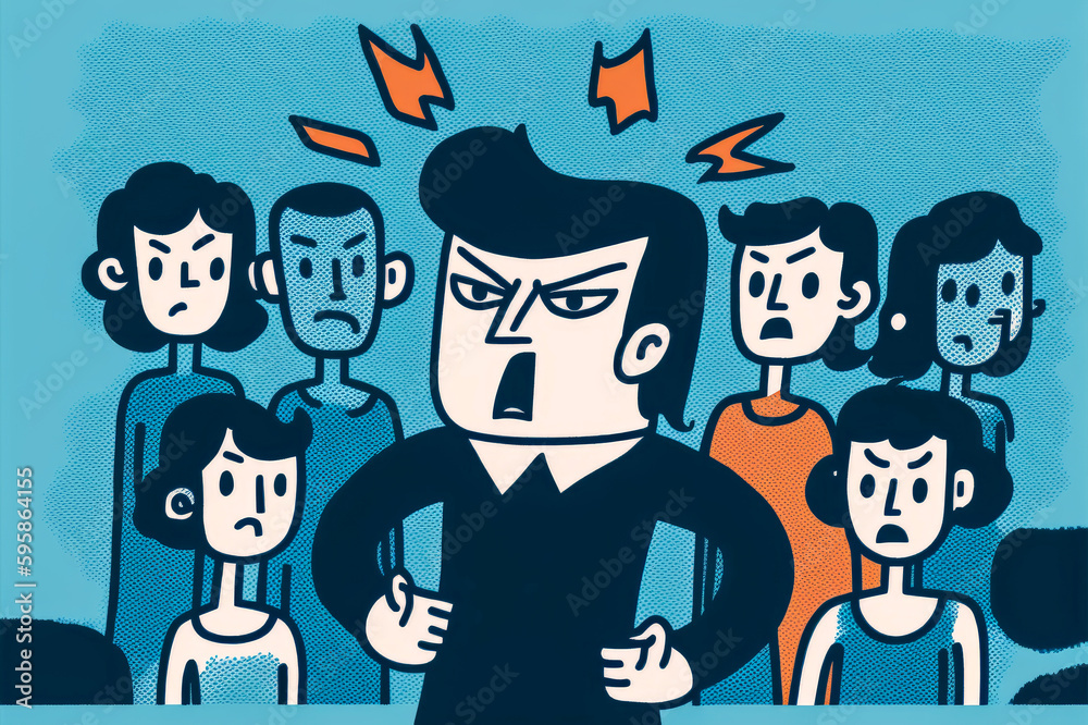 Angry person standing in front of a group, represents leadership and empowerment. Simple style, bold lines convey authority and determination. Generative AI