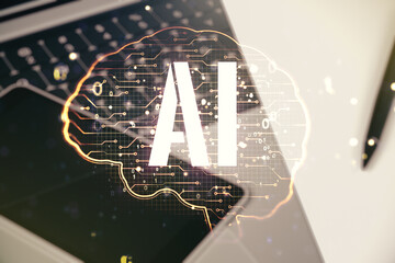 Aufkleber - Creative artificial Intelligence concept with human brain sketch on modern computer background. Double exposure