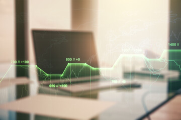 Poster - Multi exposure of stats data illustration on modern laptop background, computing and analytics concept