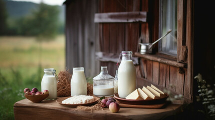 a bottle of milk, a glass of milk and a plate of cheese on a table in front of a field of cows. Generative AI,