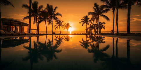 Wall Mural - Palm trees and reflection in swimming pool, beach hotel, sunset