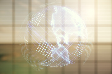 Poster - Double exposure of digital map of North America hologram on empty modern office background, research and strategy concept