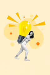 Poster - Vertical collage image of mini black white colors girl arms hold huge light bulb isolated on creative beige background