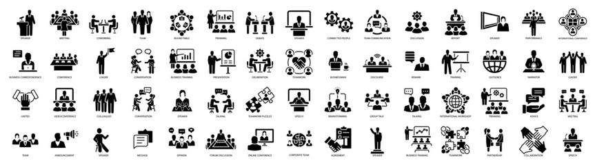 Conference, meeting, business training and team, brainstorm, seminar, interview icon set