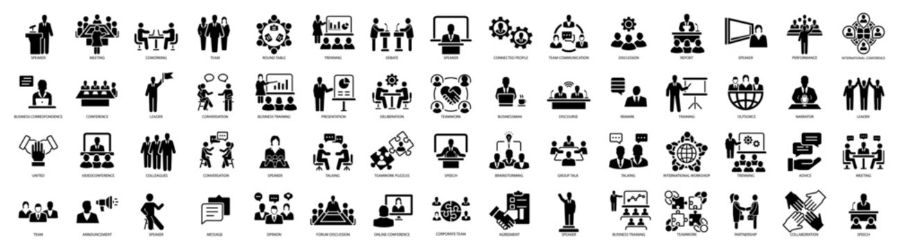Wall Mural -  - Conference, meeting, business training and team, brainstorm, seminar, interview icon set