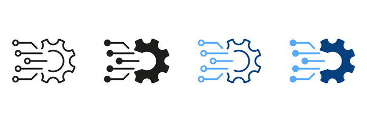 Wall Mural - Digital Tech Concept Symbol Collection. Gear Sign of Business Solution Pictogram. Digital Cogwheel Electronic Technology Network Line and Silhouette Icon Set. Isolated Vector Illustration