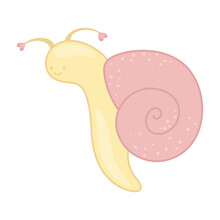 Cute Snail In Love. Pink And Yellow Colors. Simple Illustration In Kawaii Style. Design Element For Prints And Stickers. Clipart For Valentine's Day.
