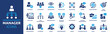 Manager icon set. Containing leadership, supervision, hiring, coaching, management, development, organization, teamwork and delegation icons. Solid icons collection. Vector illustration.