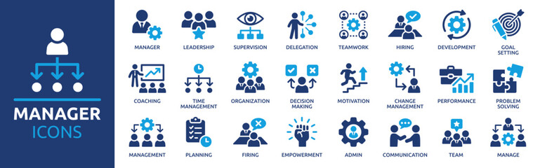 Poster - Manager icon set. Containing leadership, supervision, hiring, coaching, management, development, organization, teamwork and delegation icons. Solid icons collection. Vector illustration.