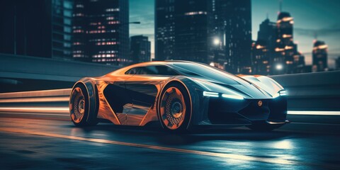 Poster - futuristic electric car, super car driving on city highway road with motion blur. distinct generativ