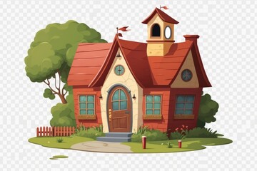 Wall Mural - Cartoon style illustration of a house with a red roof on a green lawn