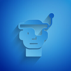 Poster - Paper cut Smart glasses mounted on spectacles icon isolated on blue background. Wearable electronics smart glasses with camera and display. Paper art style. Vector