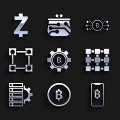 Poster - Set Cryptocurrency coin Bitcoin, Phone mobile and cryptocurrency, Blockchain technology, Server gear, bitcoin circle with microchip circuit and Zcash ZEC icon. Vector