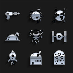 Wall Mural - Set Black hole, Astronomical observatory, Alien, Cosmic ship, Rocket with fire, Planet flag, Earth globe and Ray gun icon. Vector