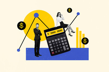 Poster - Artwork collage picture of two mini black white effect elegant people earn money huge calculator isolated on painted background