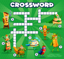 Poster - Crossword grid superhero cartoon mexican tex mex food characters, quiz game. Find a word vector worksheet with tacos, enchilada, pepper, avocado and charro. Tequila, burrito and quesadilla personages